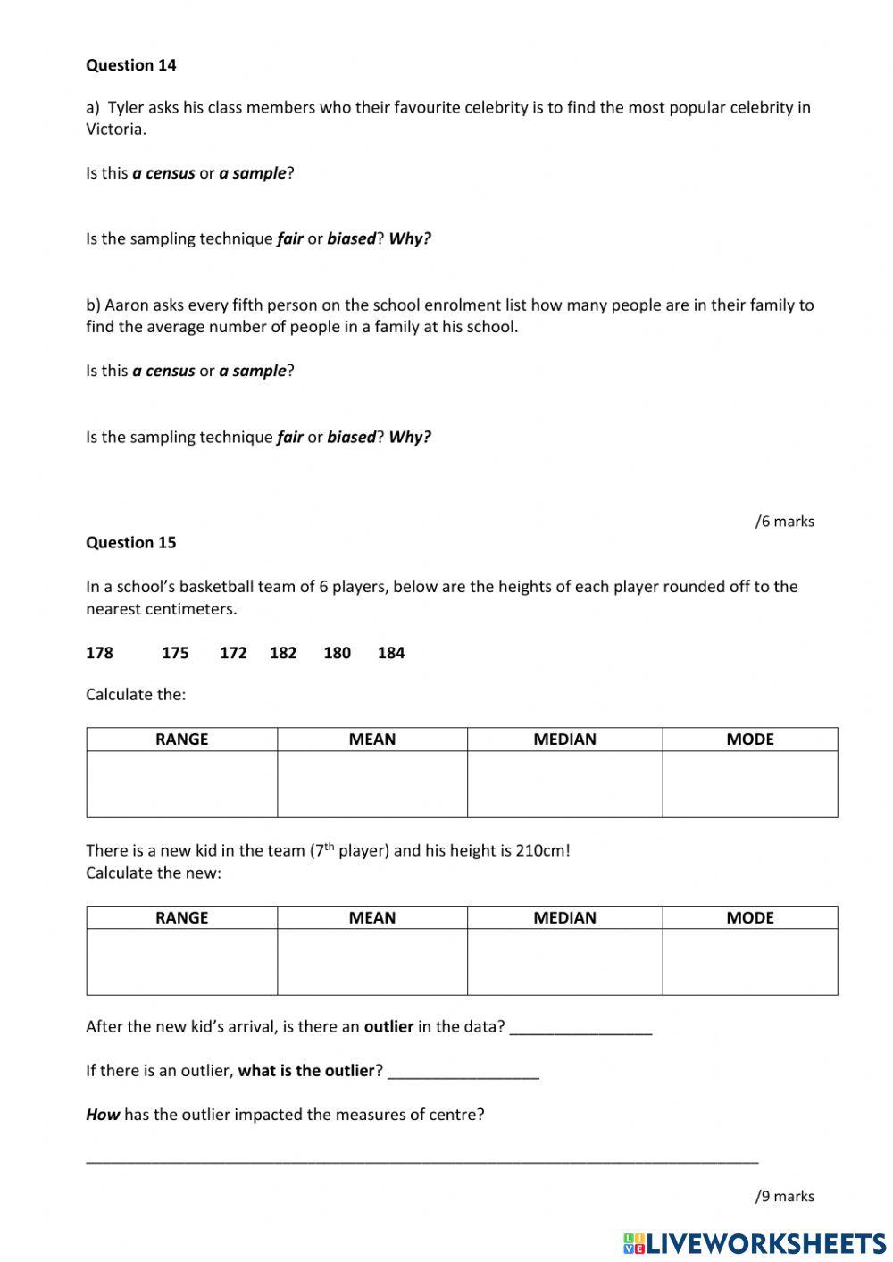 Pre-topic Test Year 8 Statistics
