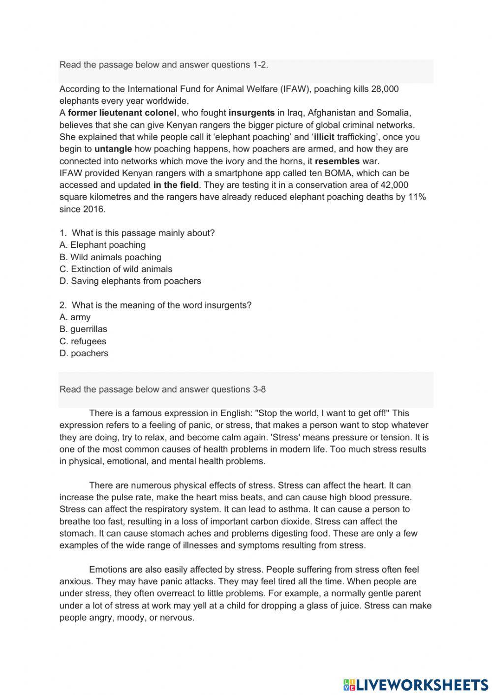 Reading Comprehension online exercise for | Live Worksheets