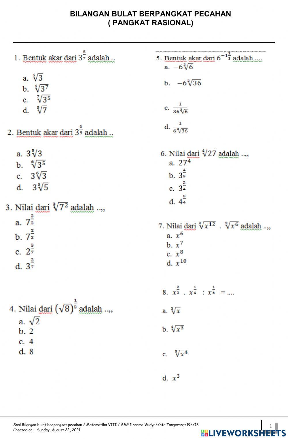 Bilangan Bulat Berpangkat Pevahan