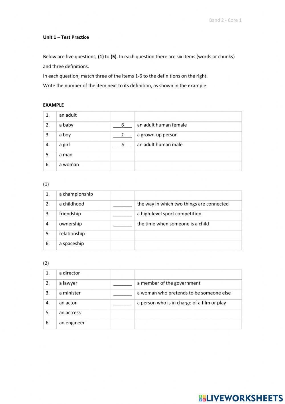 Band 2 (Core 1) - Unit 1 - Test