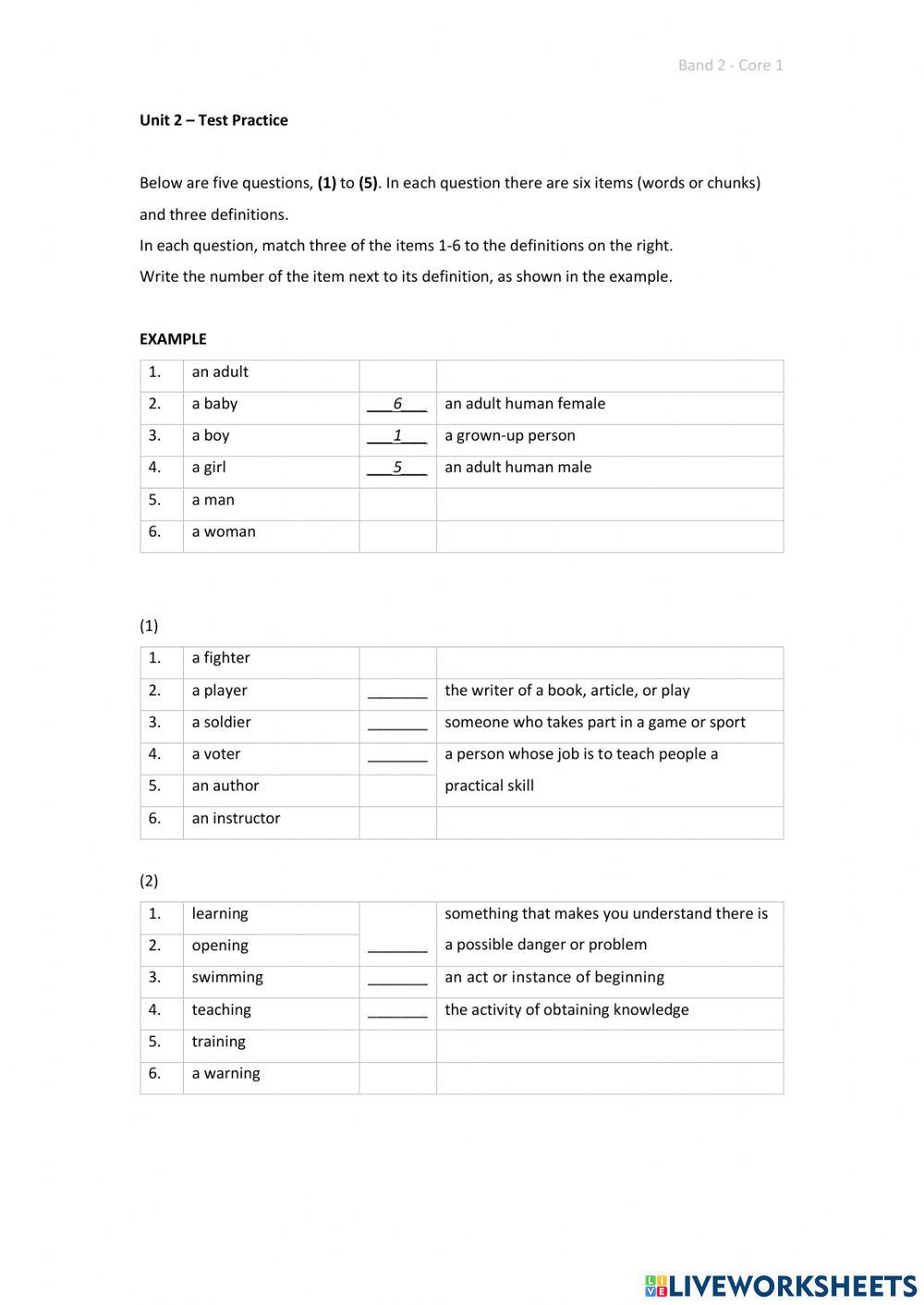 Band 2 (Core 1) - Unit 2 - Test