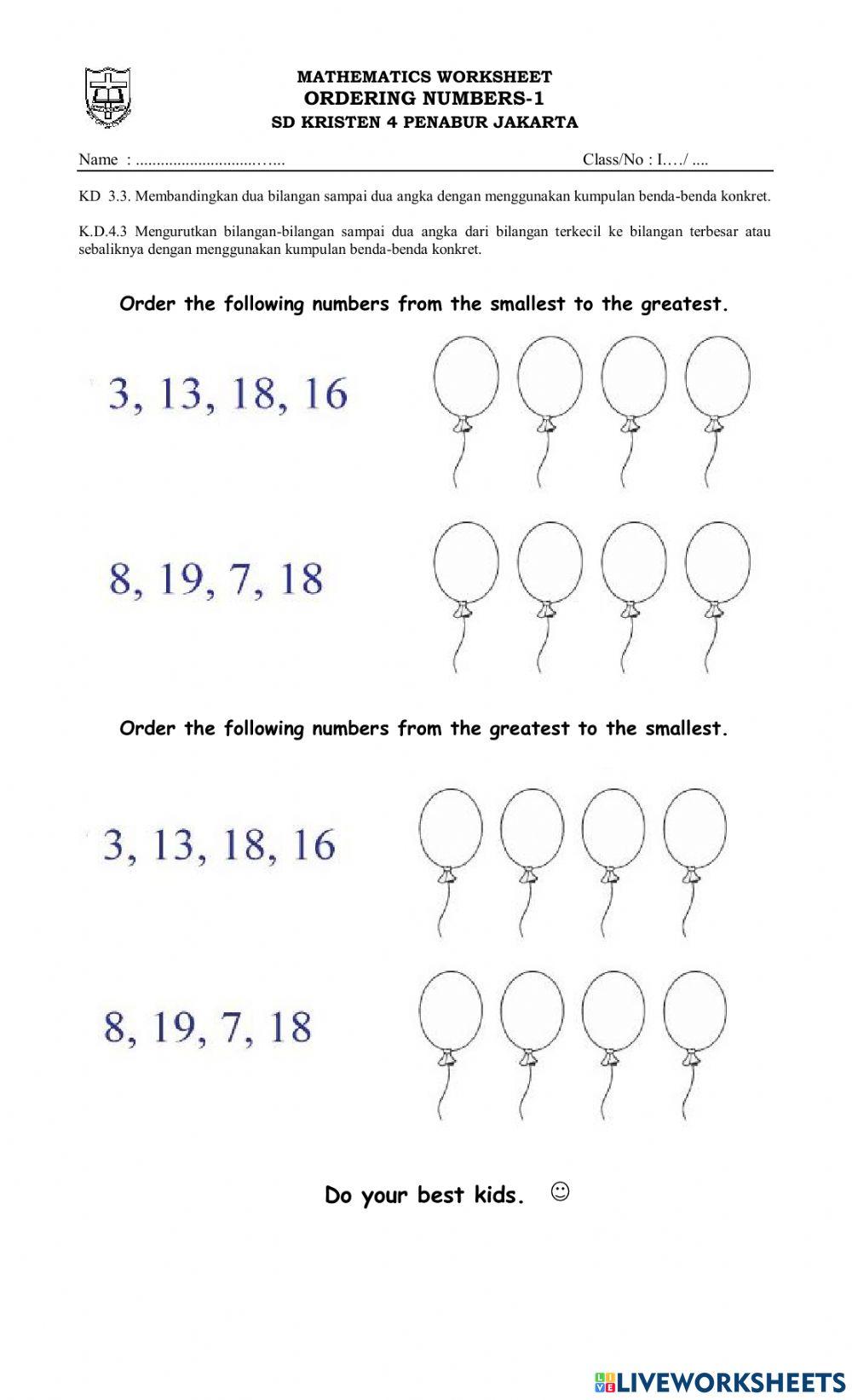 Ordering Numbers 1-20