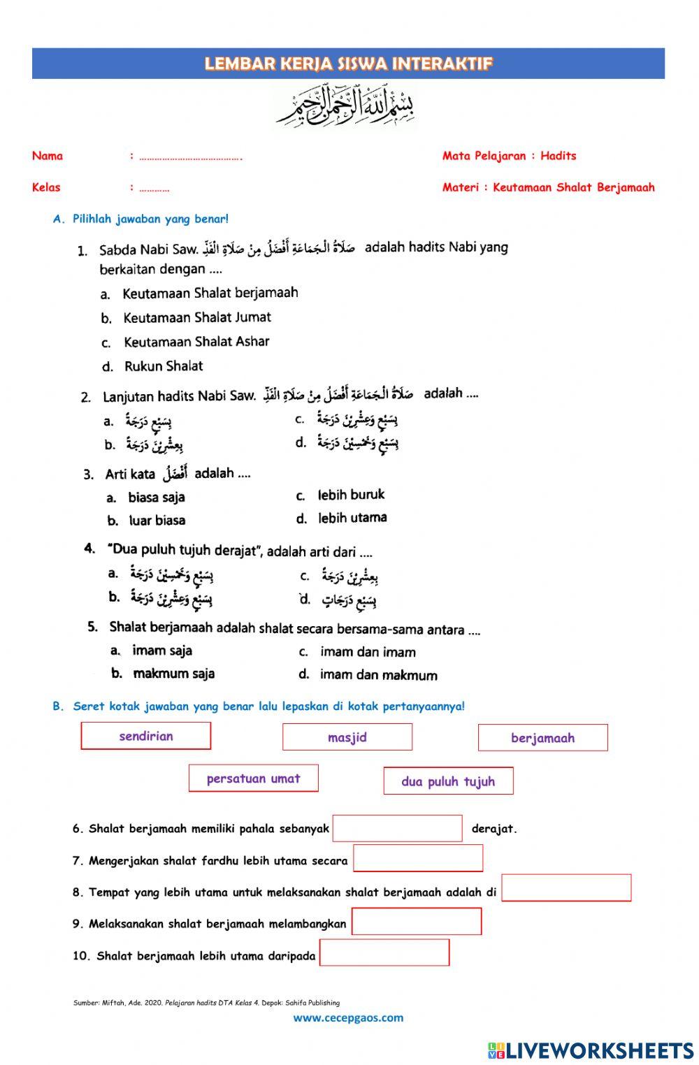 LKPD Hadits tentang Keutamaan Shalat Berjamaah