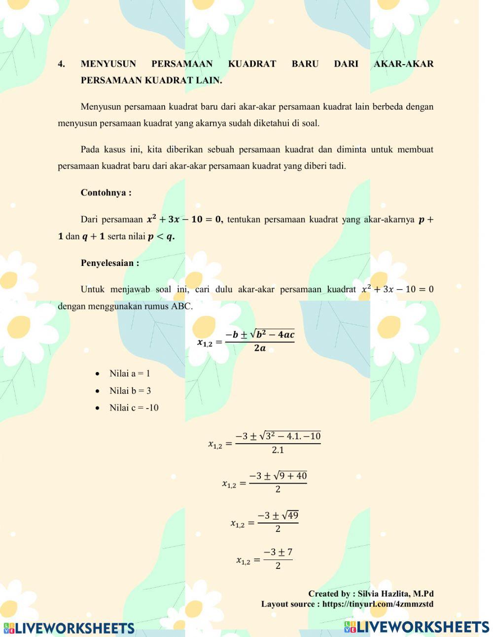 Jumlah, Hasil Kali dan Persamaan Kuadrat baru