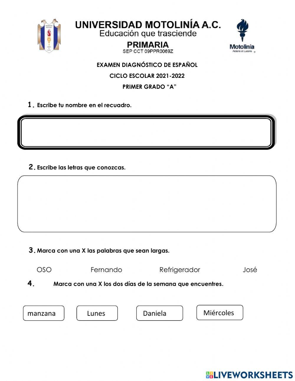 Examen diagnóstico Español