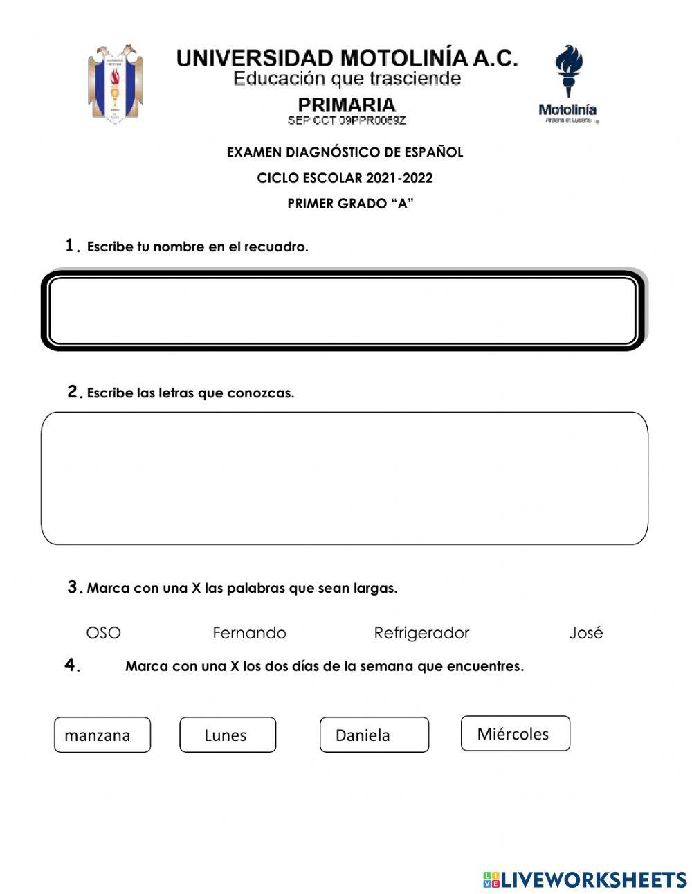 Examen diagnóstico Español