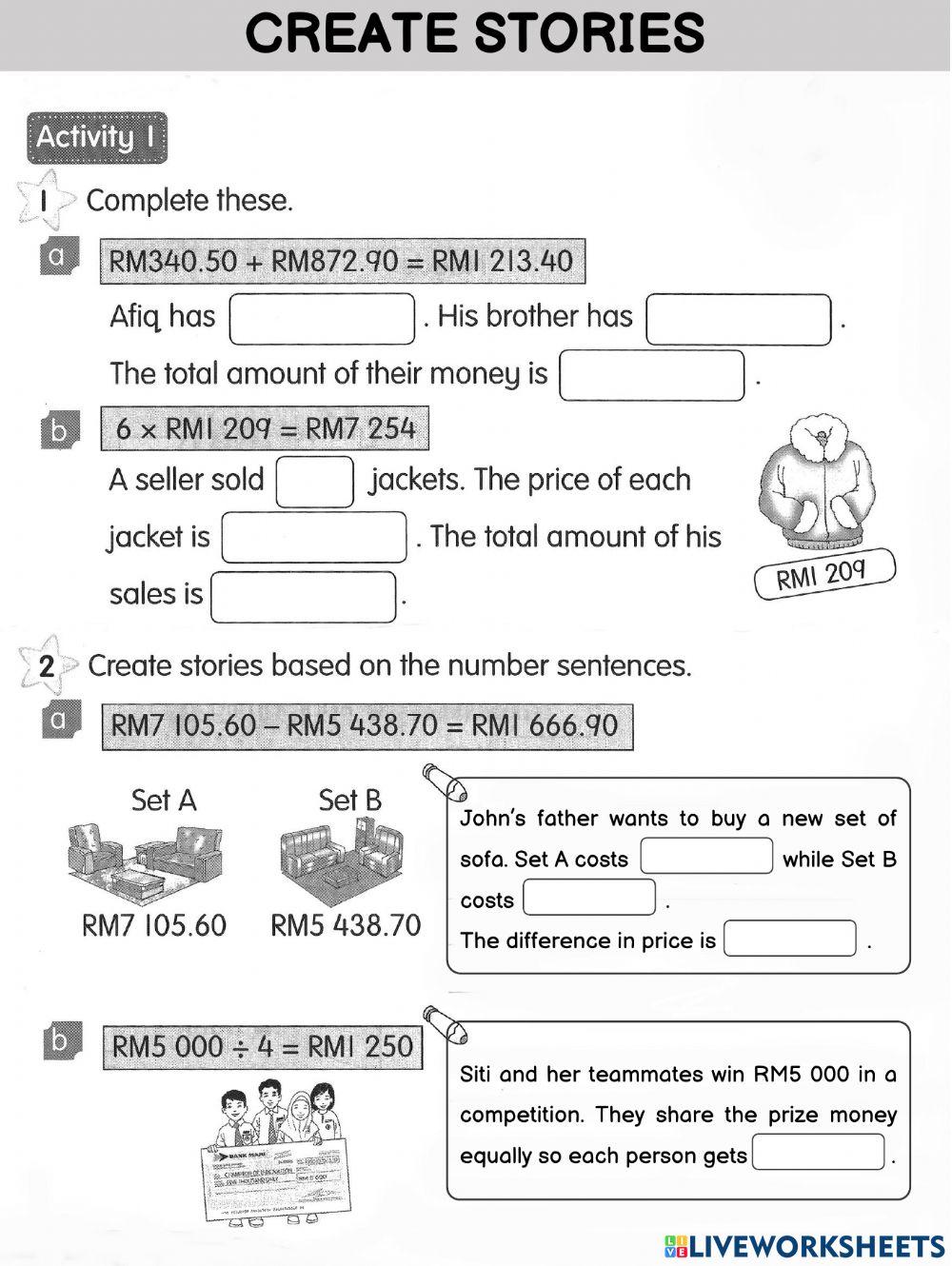 Mathematics Year 3 PdPR Week 28 Monday 23rd August 2021 - UNIT 4 MONEY - Create Stories - Problem Solving - WORKSHEETS
