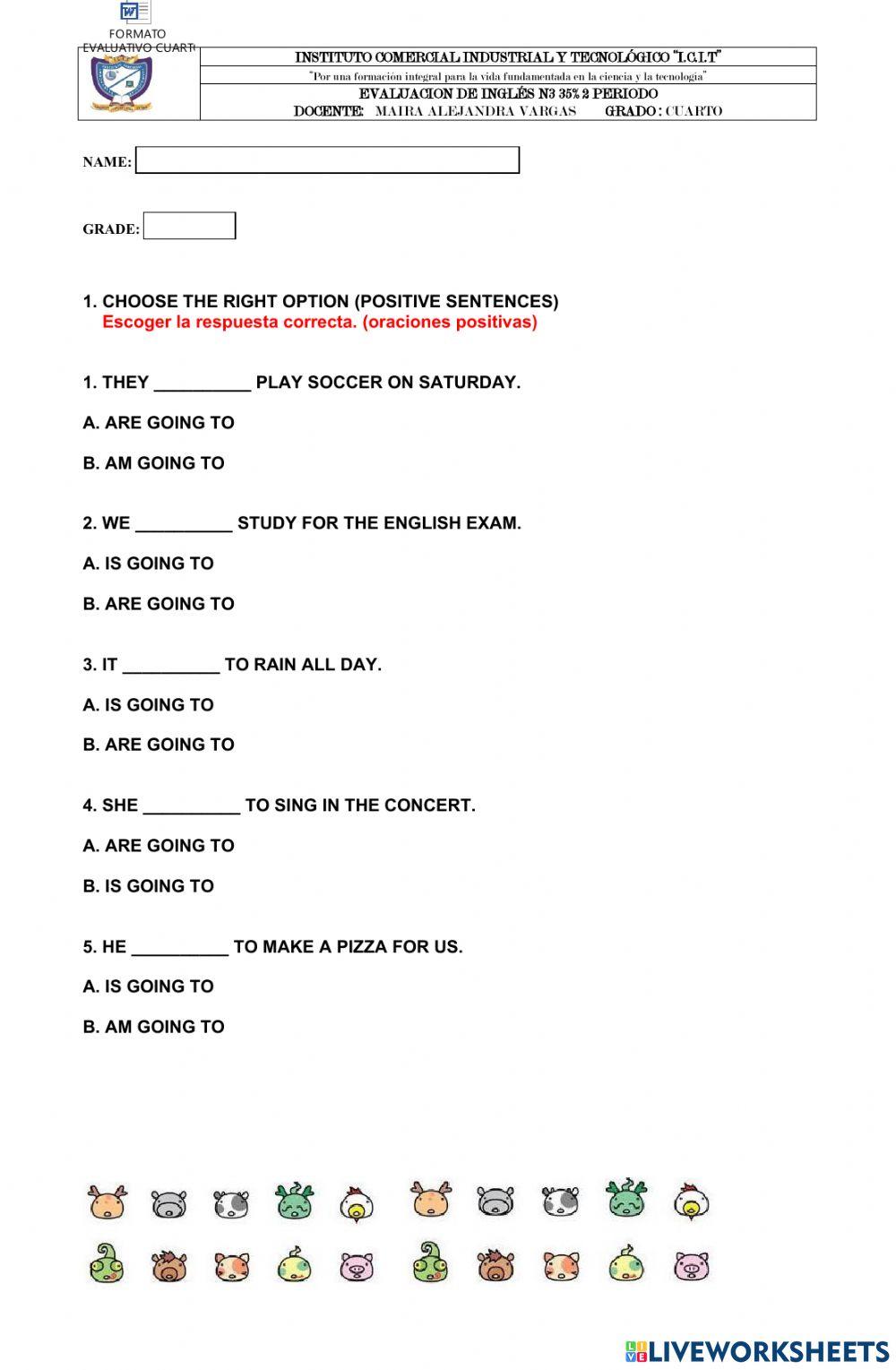 Examen de ingles 4to  grado