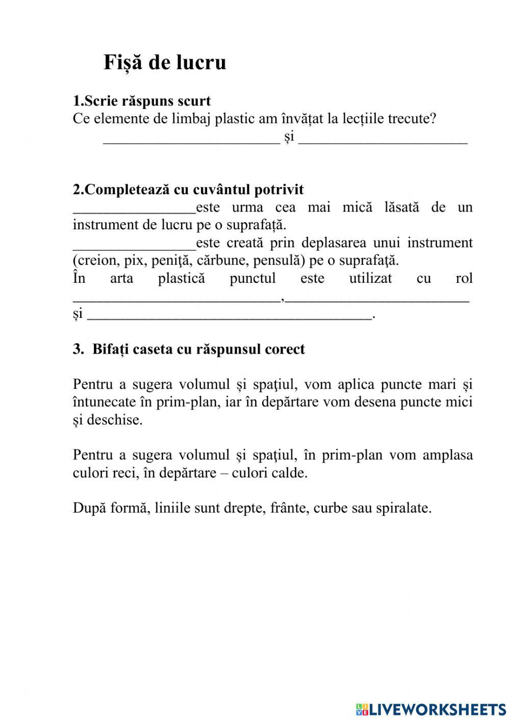 Fișă de lucru.Educația plastică.Punctul și linia