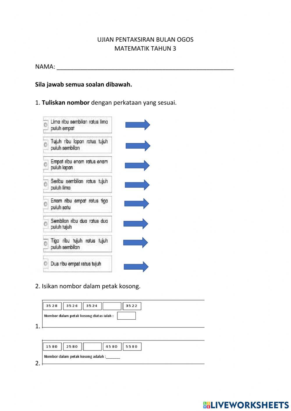 Ujian pentaksiran bulan ogos matematik tahun 3