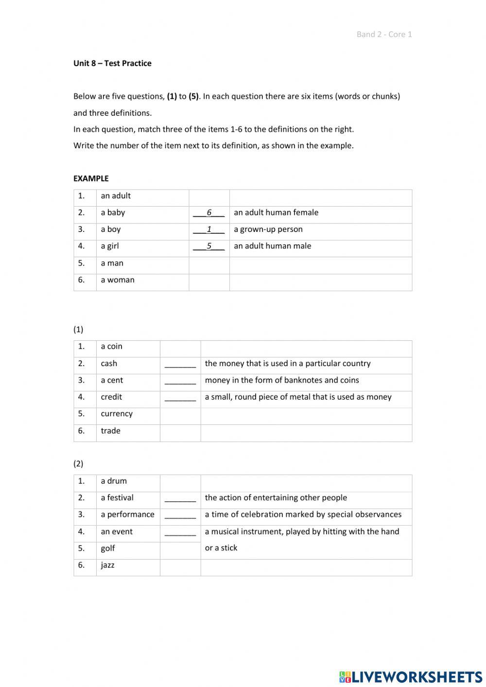Band 2 (Core 1) - Unit 8 - Test