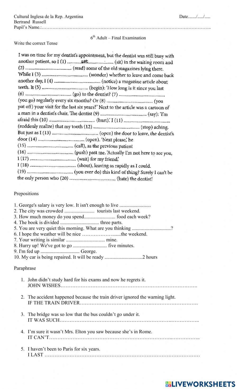 Final Exam 6th Adults