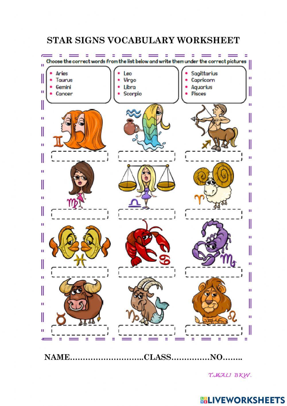 star signs vaca… | Free Interactive Worksheets | 3733543