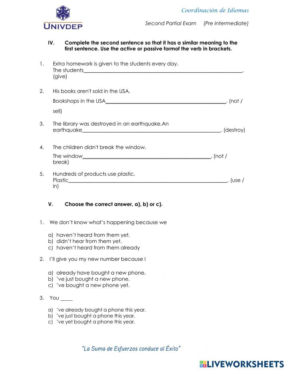 Pre Intermediate Second Exam