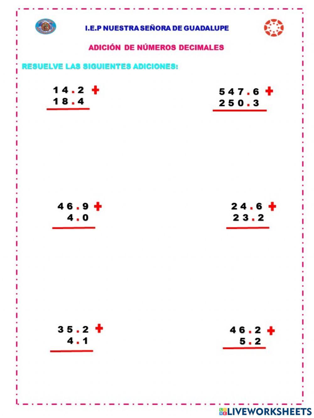 Adicion de numeros decimales Adicion de numeros decimales