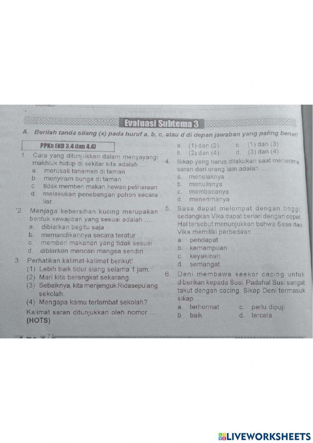 Evaluasi  TEMA 1 SUBTEMA 3