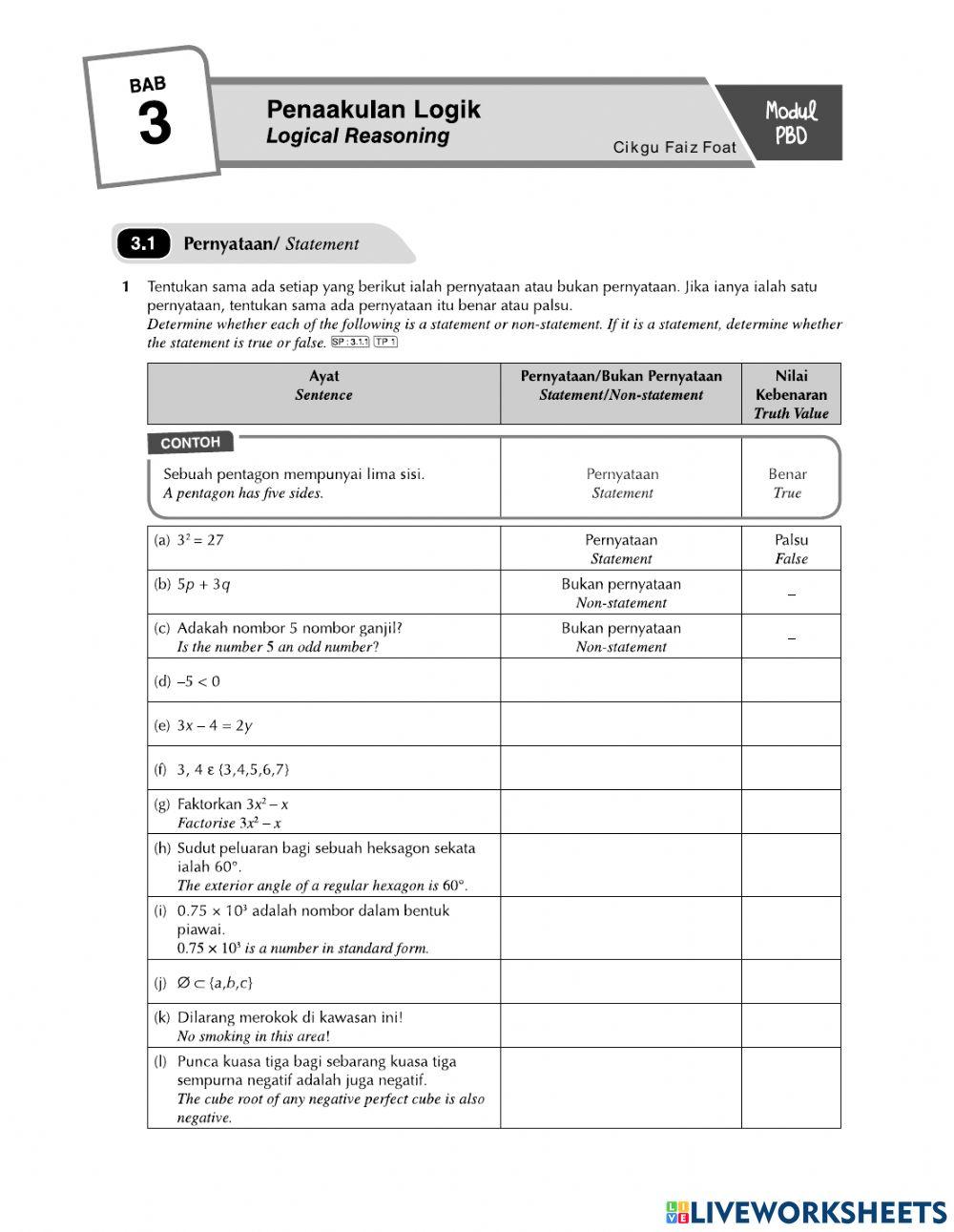 Latihan 3.1 Penaakulan Matematik