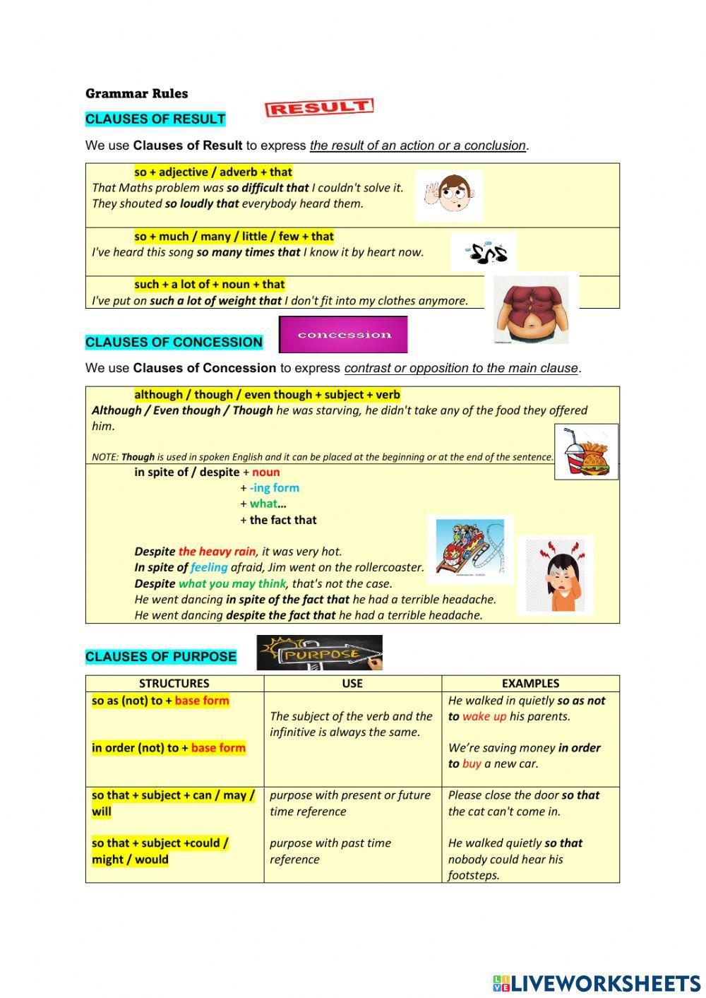 Clauses of result, concession, purpose