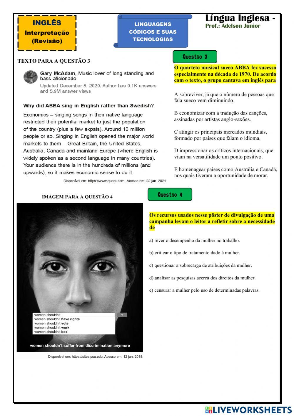 Atividade de revisão para Enem