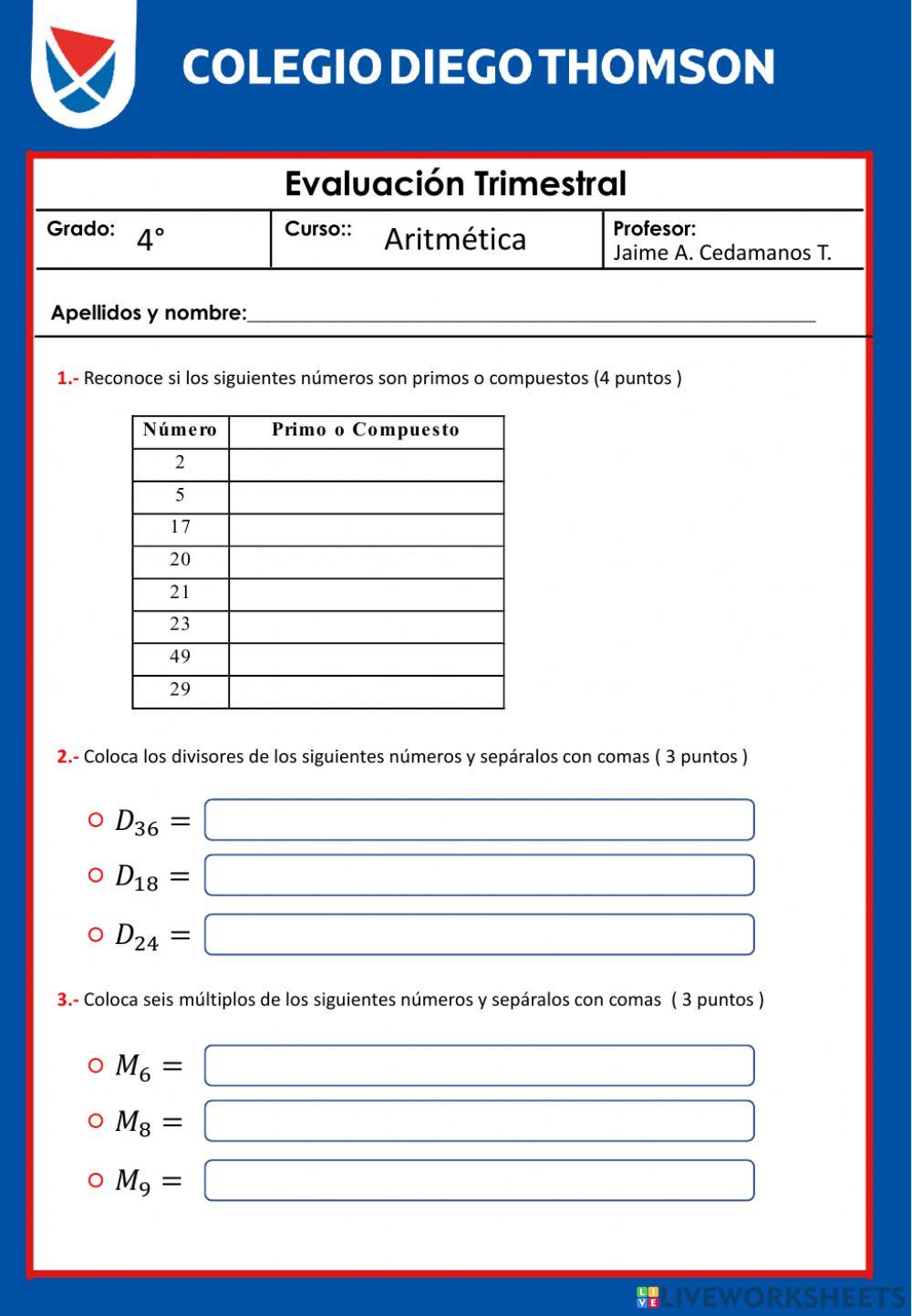 Examen agosto 4to Aritmética