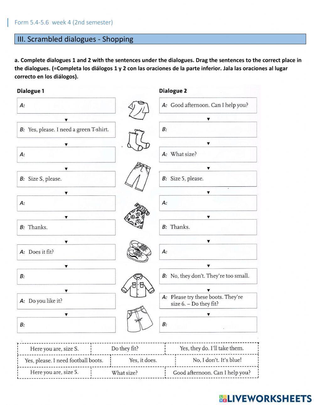 Vocabulary for sports, hobbies and clothes-Dialogues at a shop
