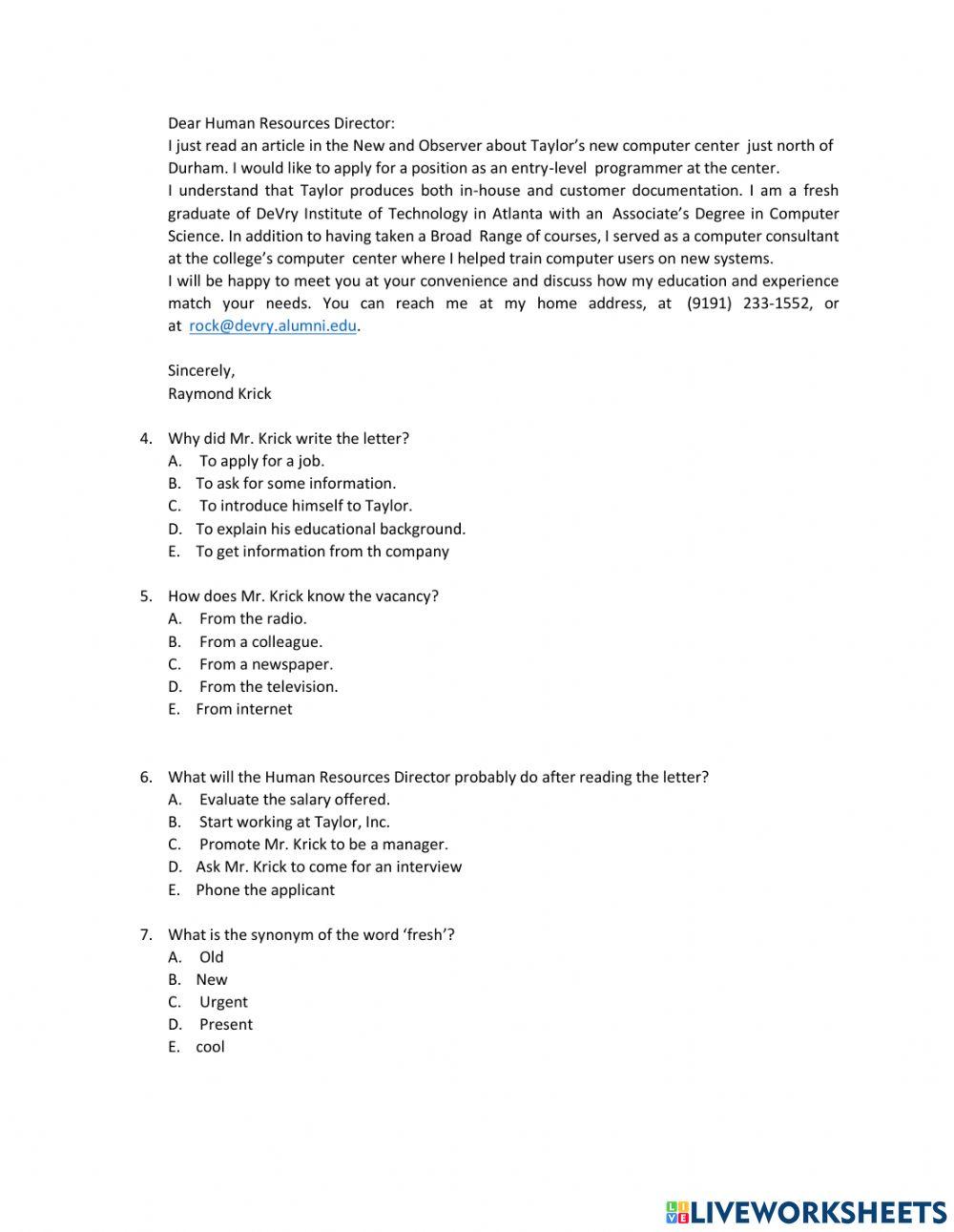 Ph job application letter