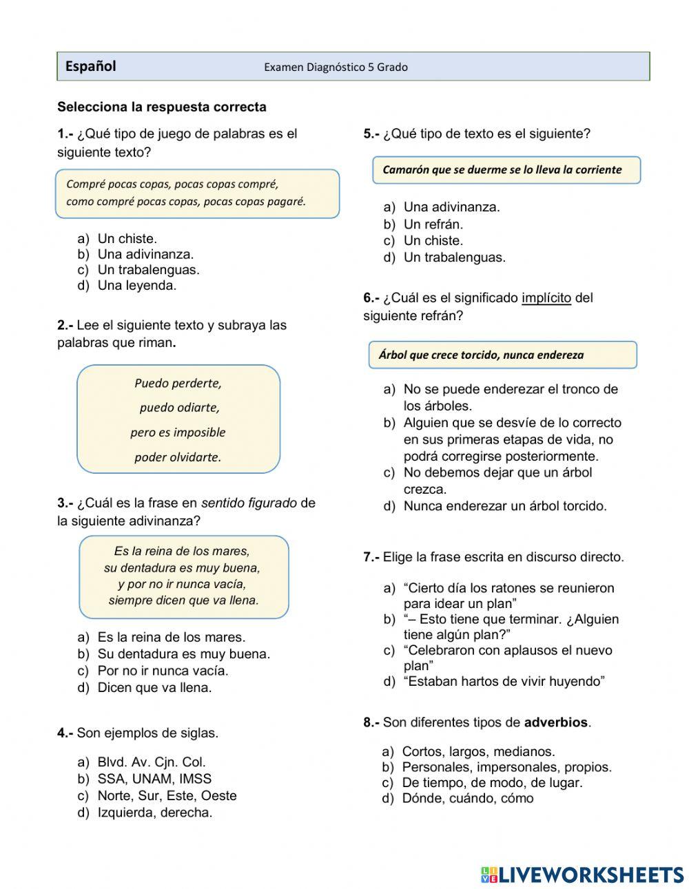 Diagnóstico 5to español