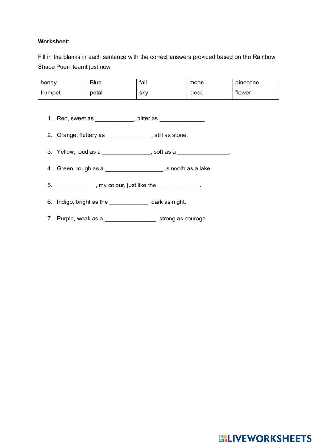 Rainbow Shape Poem Worksheet