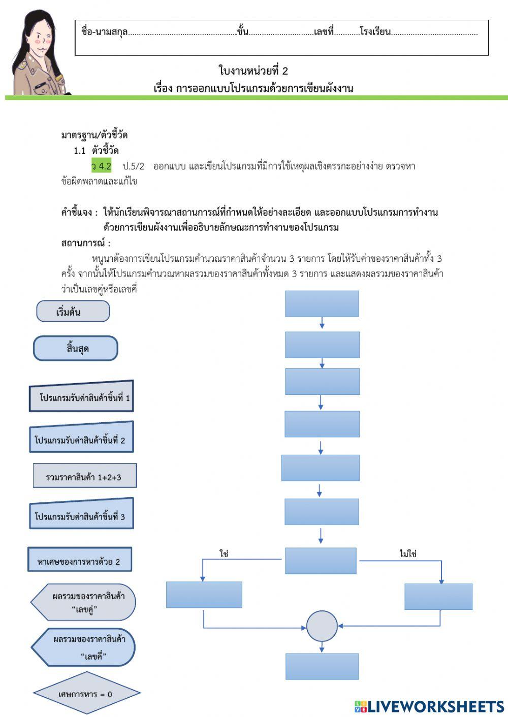 ใบงานเรื่อง การออกแบบโปรแกรมด้วยเขียนผังงาน