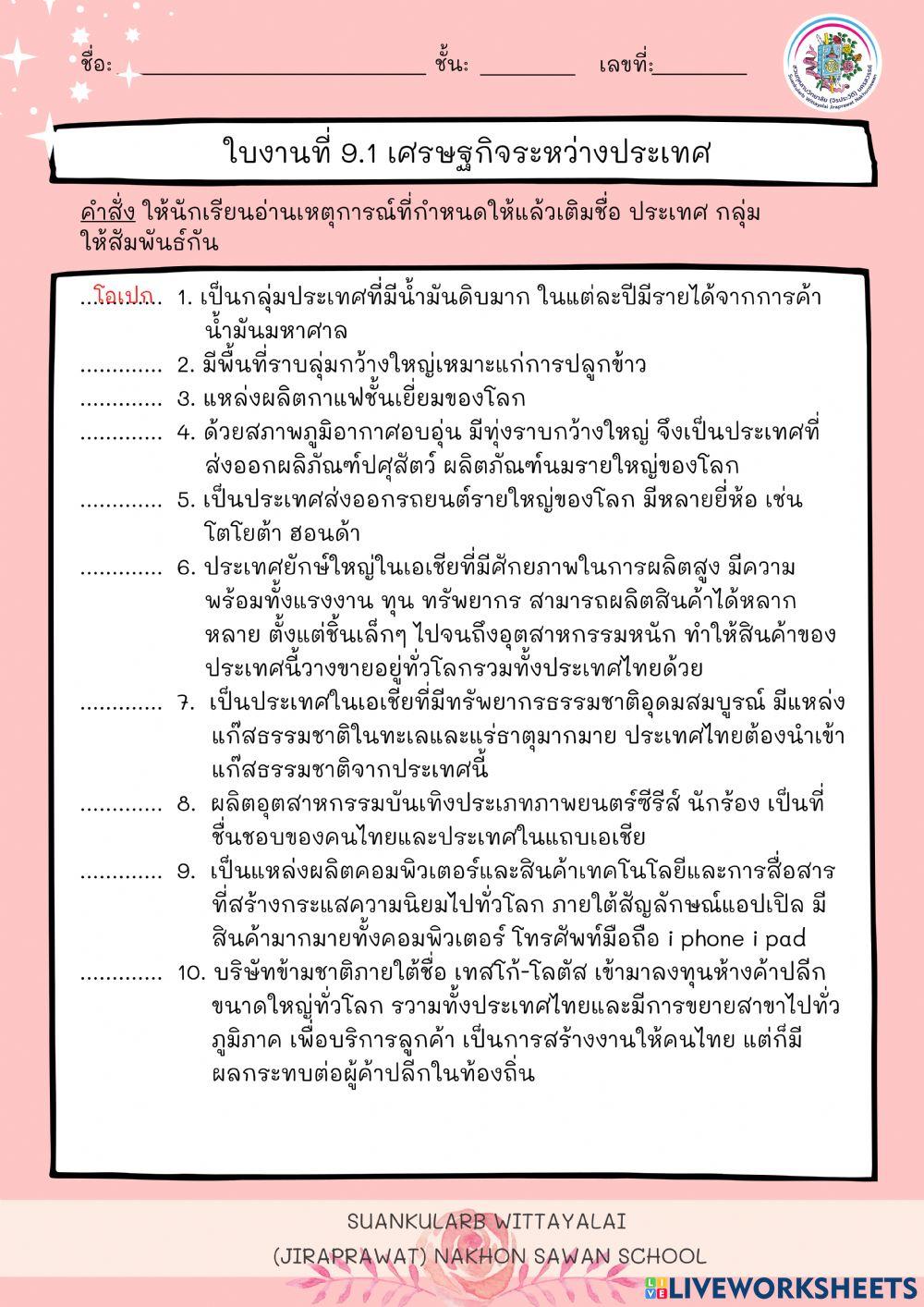 ใบงานที่ 9.1 เศรษฐกิจระหว่างประเทศ