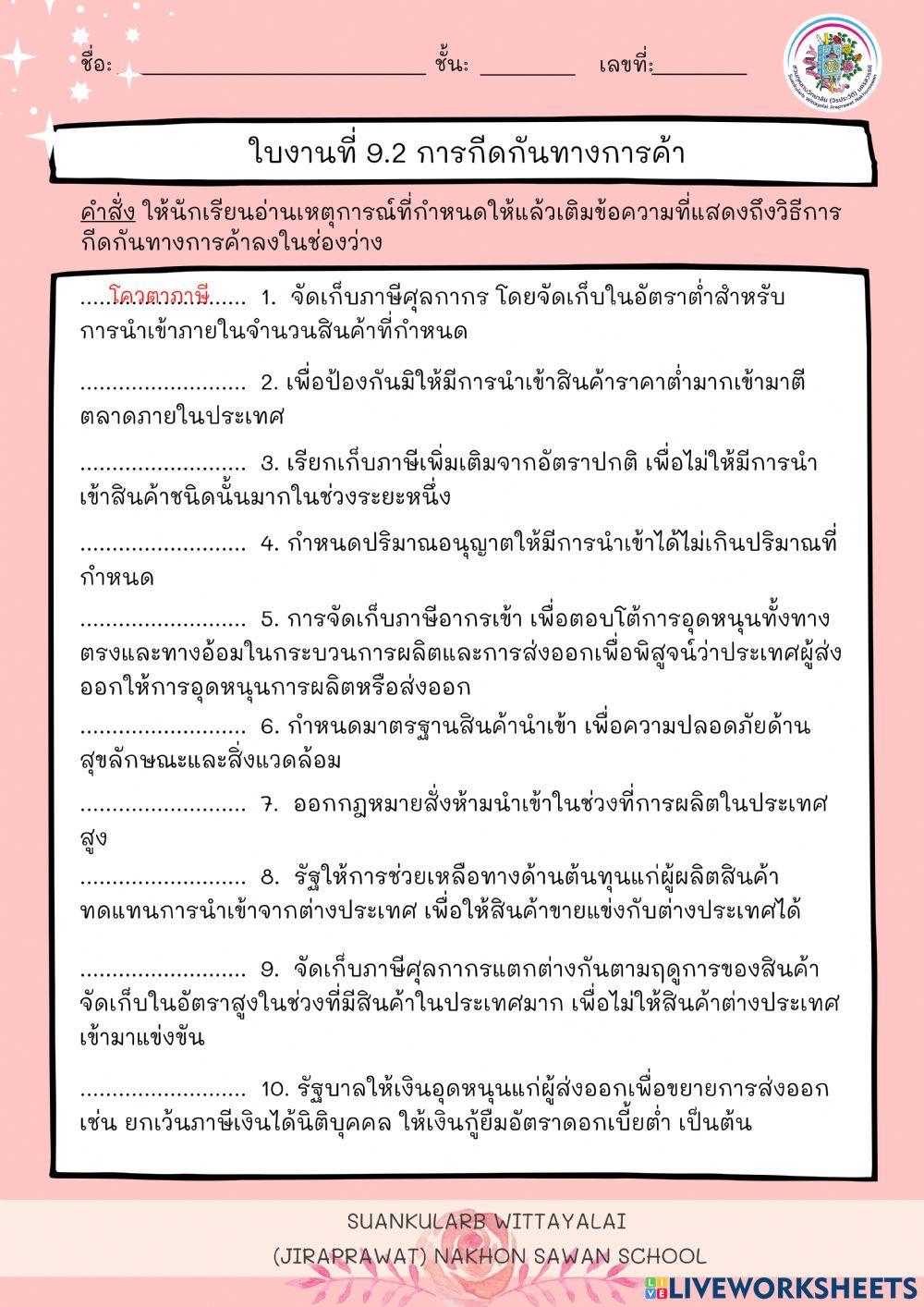 ใบงานที่ 9.2 การกีดกันทางการค้า