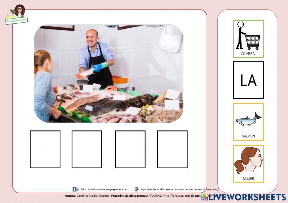 Estructuración de frases: la mujer compra salmón