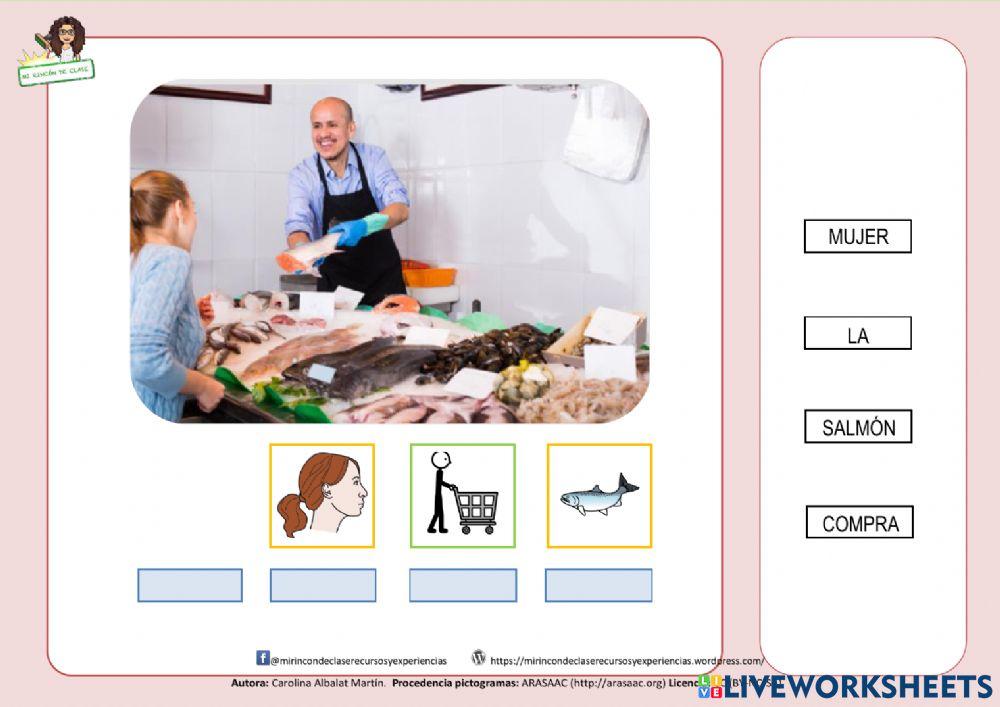 Estructuración de frases: la mujer compra salmón