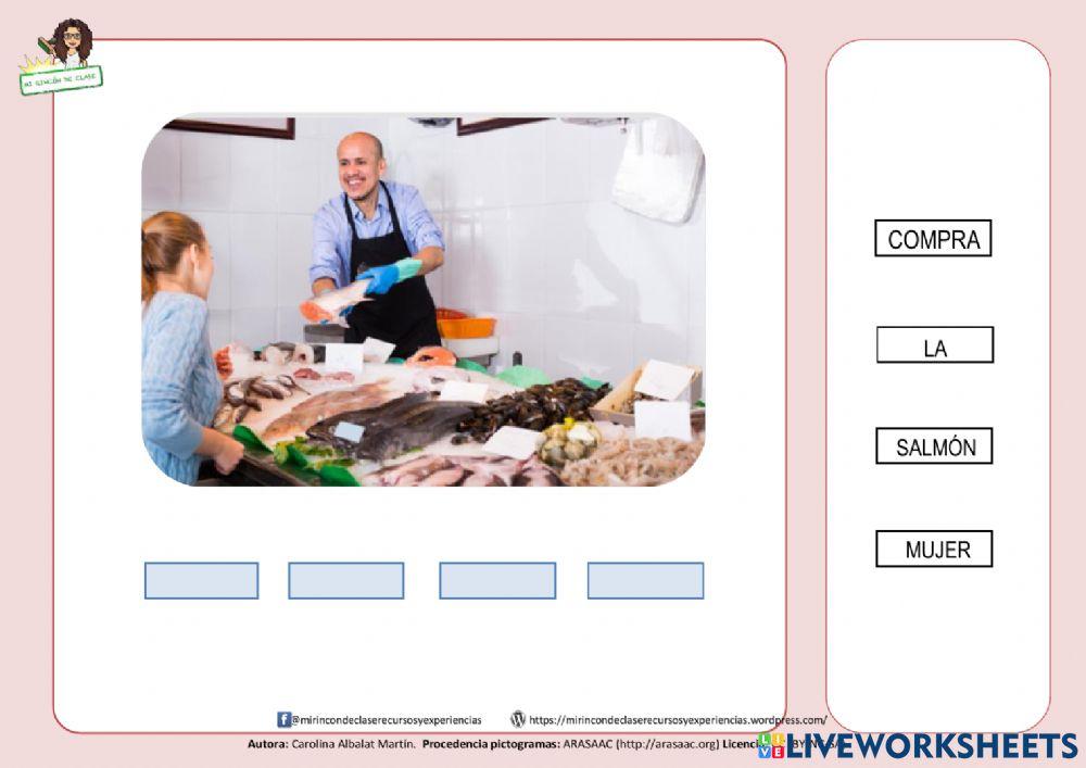 Estructuración de frases: la mujer compra salmón