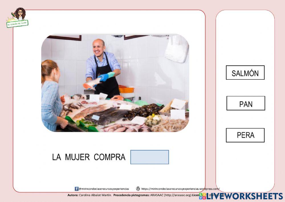 Estructuración de frases: la mujer compra salmón