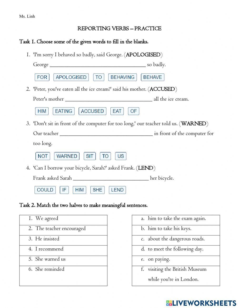 Reporting verbs - Further practice