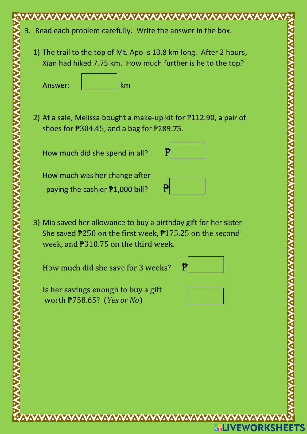 Addition - subtraction of decimals