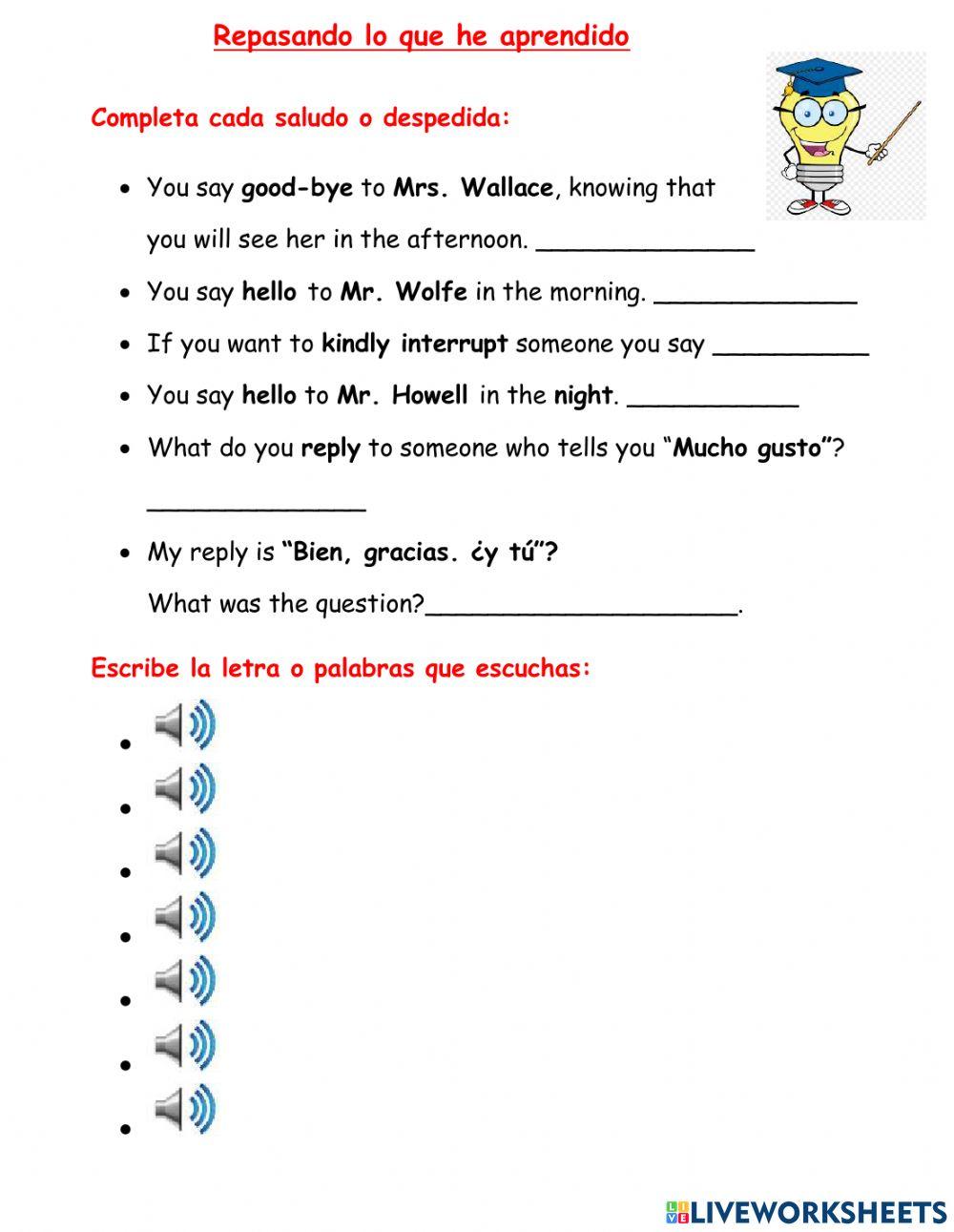 Saludos despedidas plural singular femenino y masculino worksheet