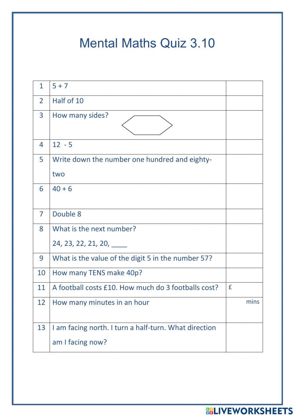 Mental Maths 3 10 worksheet Live Worksheets Mental Maths 3 10 worksheet Live Worksheets