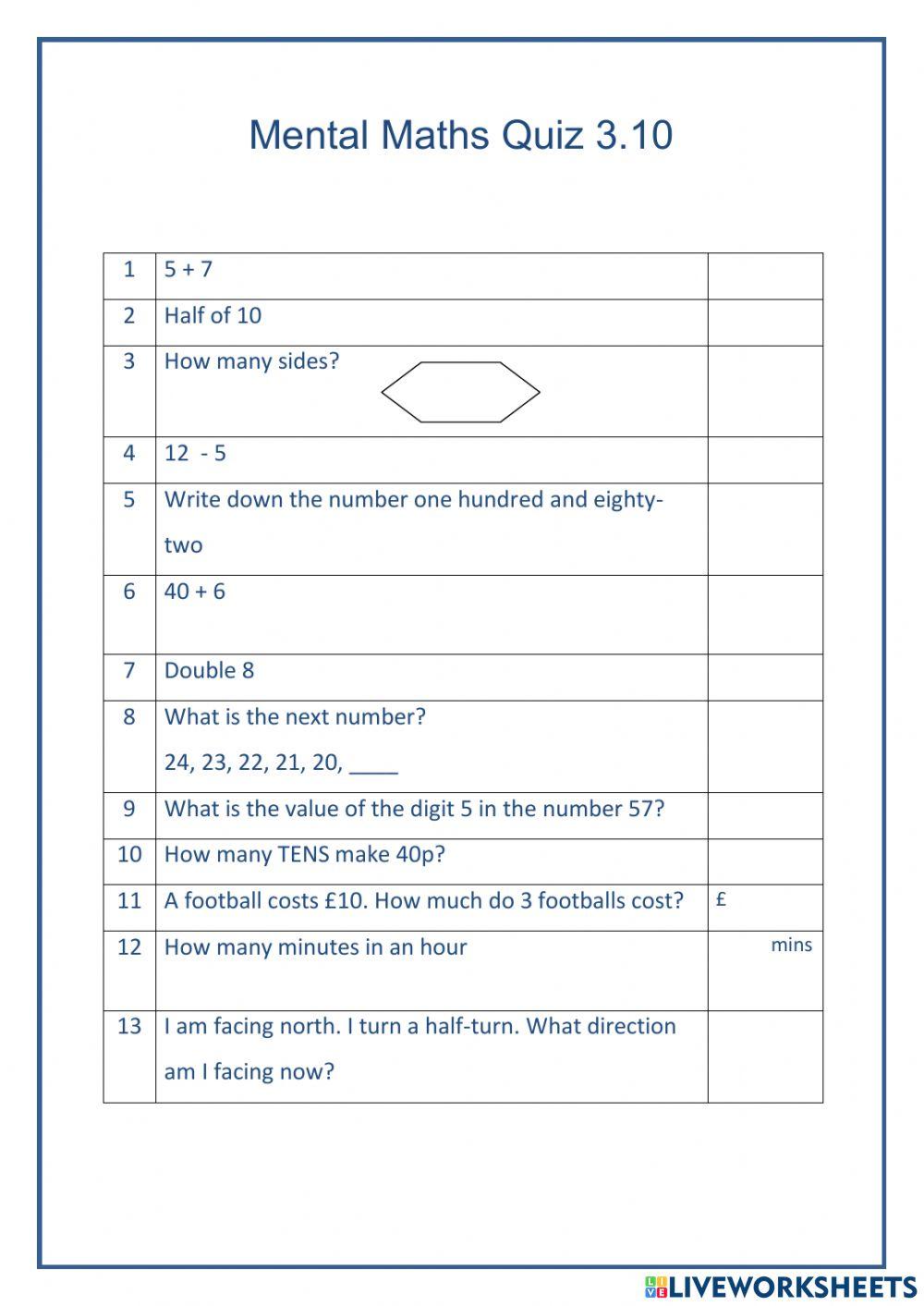 Mental Maths 3.10