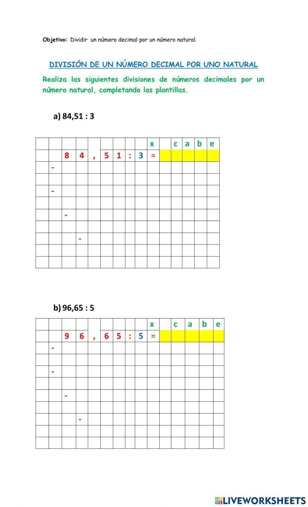 División de un decimal por uno natural