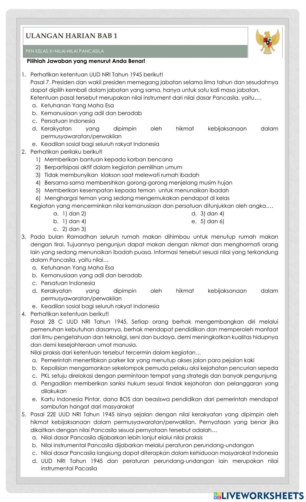 Ulangan PKN Nilai Pancasila