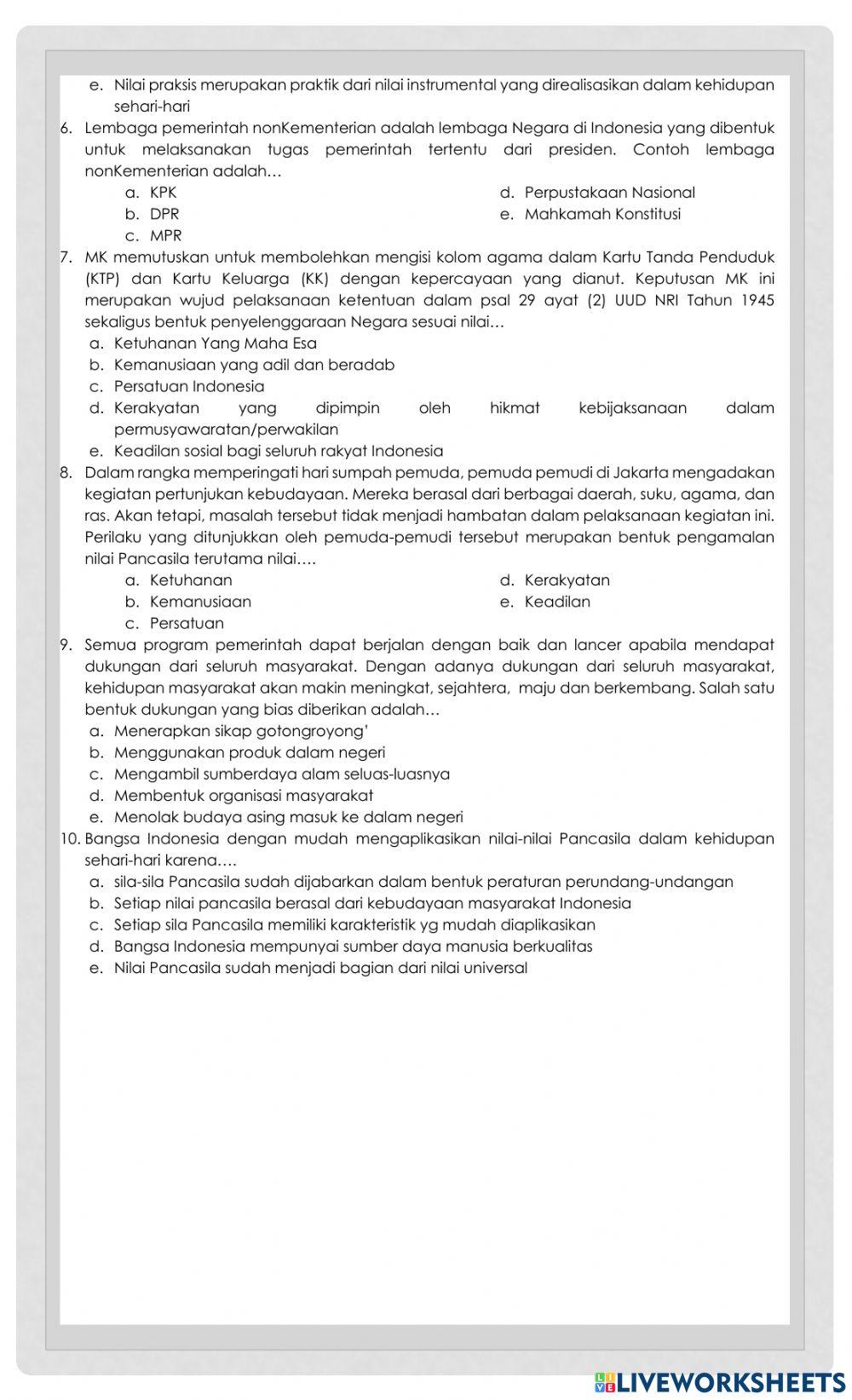 Ulangan PKN Nilai Pancasila