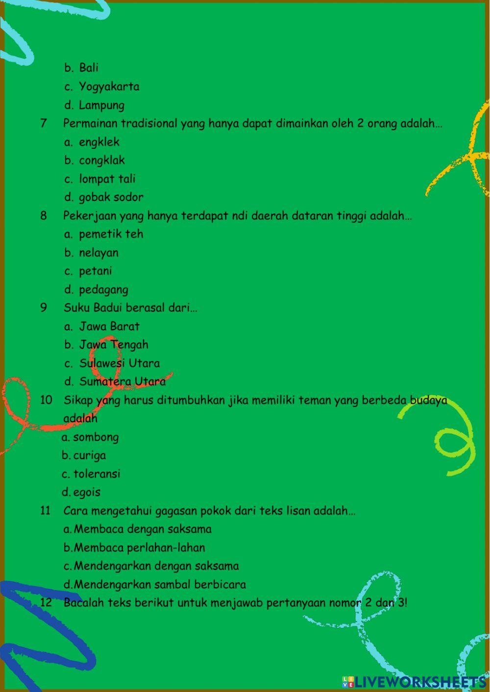 Ulangan Harian Kelas 4 Tema 1 Subtema 3