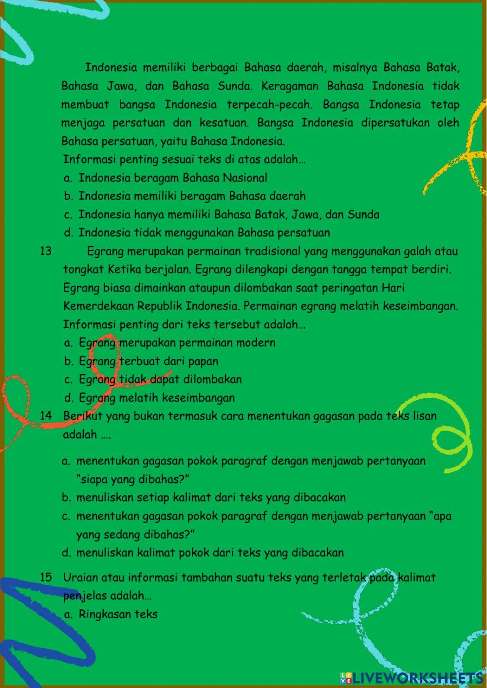 Ulangan Harian Kelas 4 Tema 1 Subtema 3