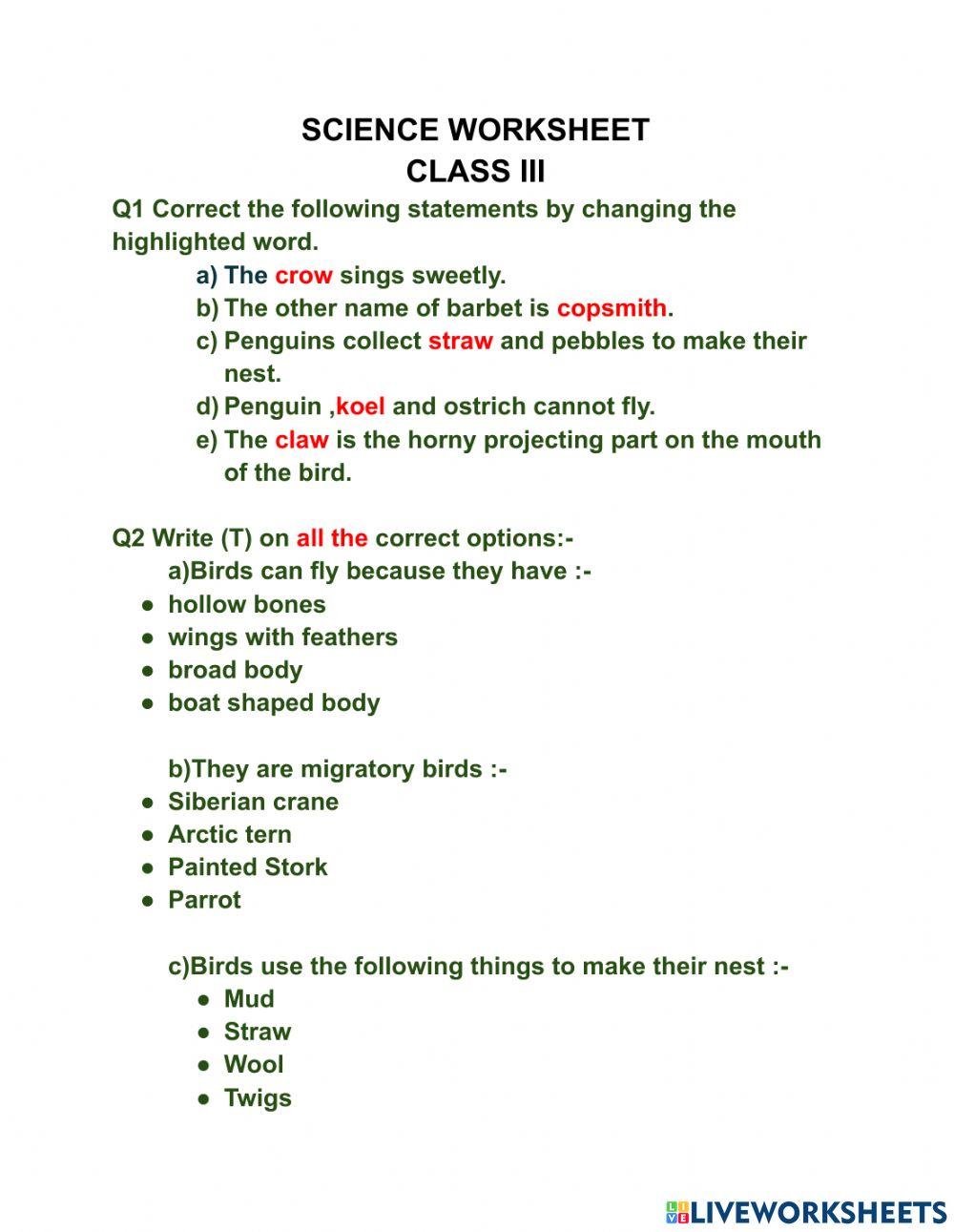 Science worksheet ( BIRDS AND THEIR NESTS)