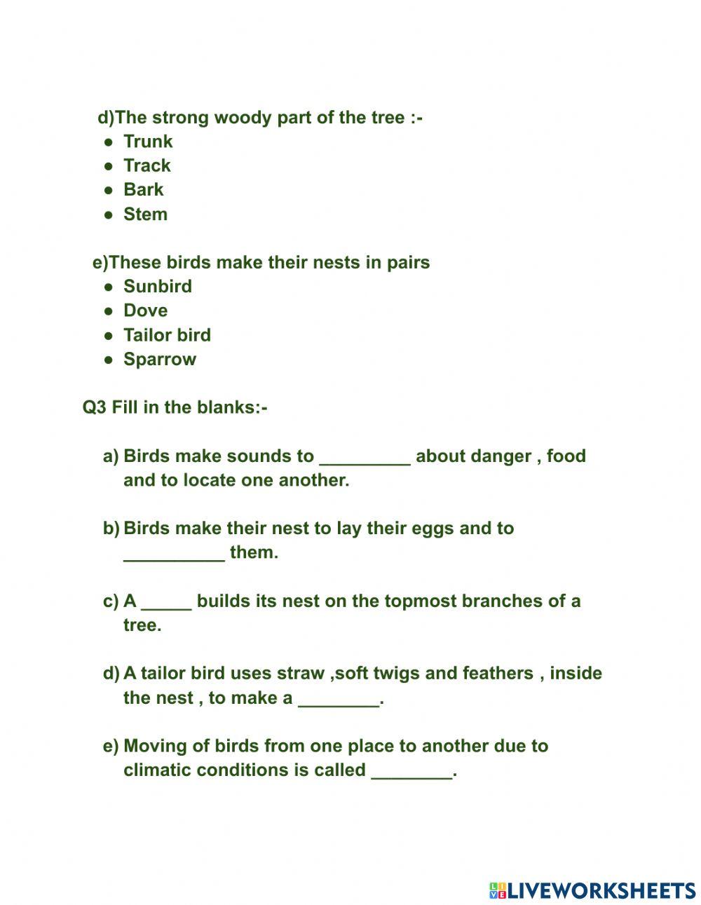 Science worksheet ( BIRDS AND THEIR NESTS)