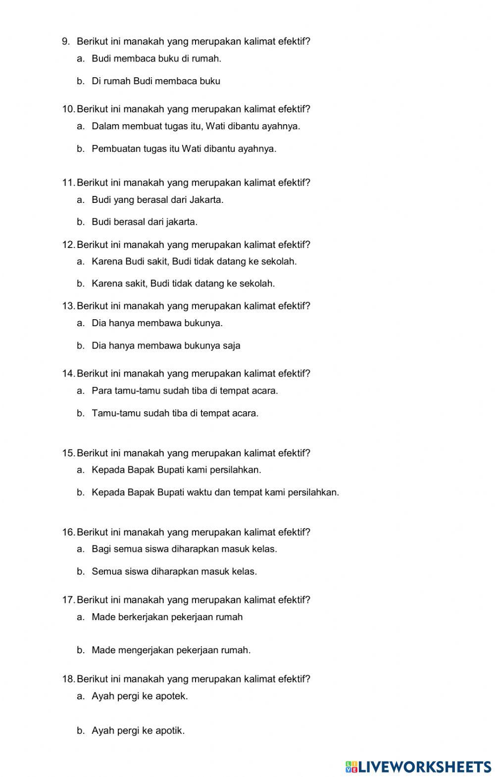 Soal evaluasi bahasa indonesia kalimat efektif