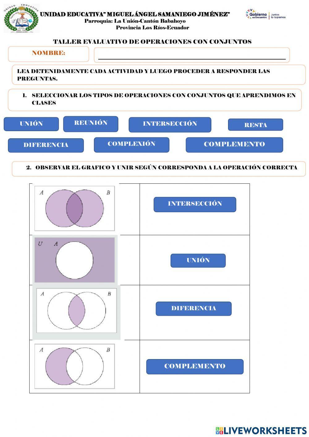 Taller evaluativo de matematicas - operaciones con conjuntos