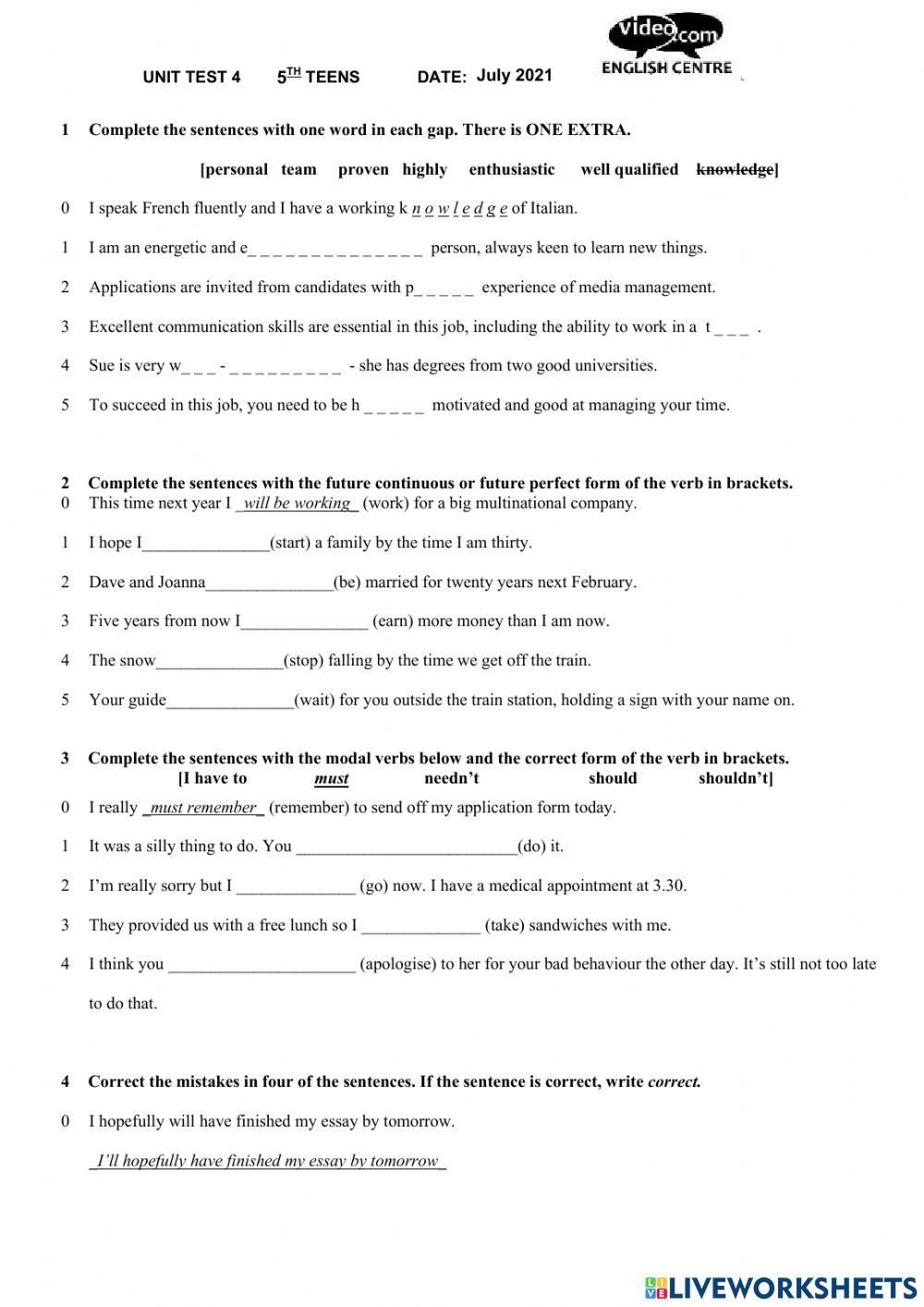 Modals and future perfect and continuos